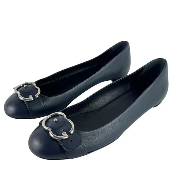 GUCCI Sachalin Navy Blue Leather GG Front Logo Cap Toe Ballet Flats 41 - 11US